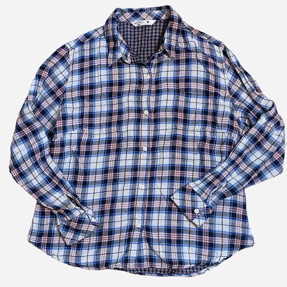 Riders By Lee Pink/Blue/White/Black Plaid Flannel Shirt W/Roll Tab Sleeves XL
